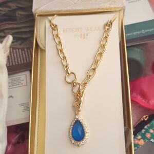 Pink Zebra Gold Necklace with Blue Teardrop Pendant